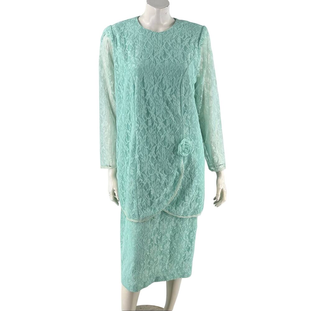 VTG Gilberti Womens 2 Piece Dress Size 6 Mint Green Lace Long Sleeve Formal